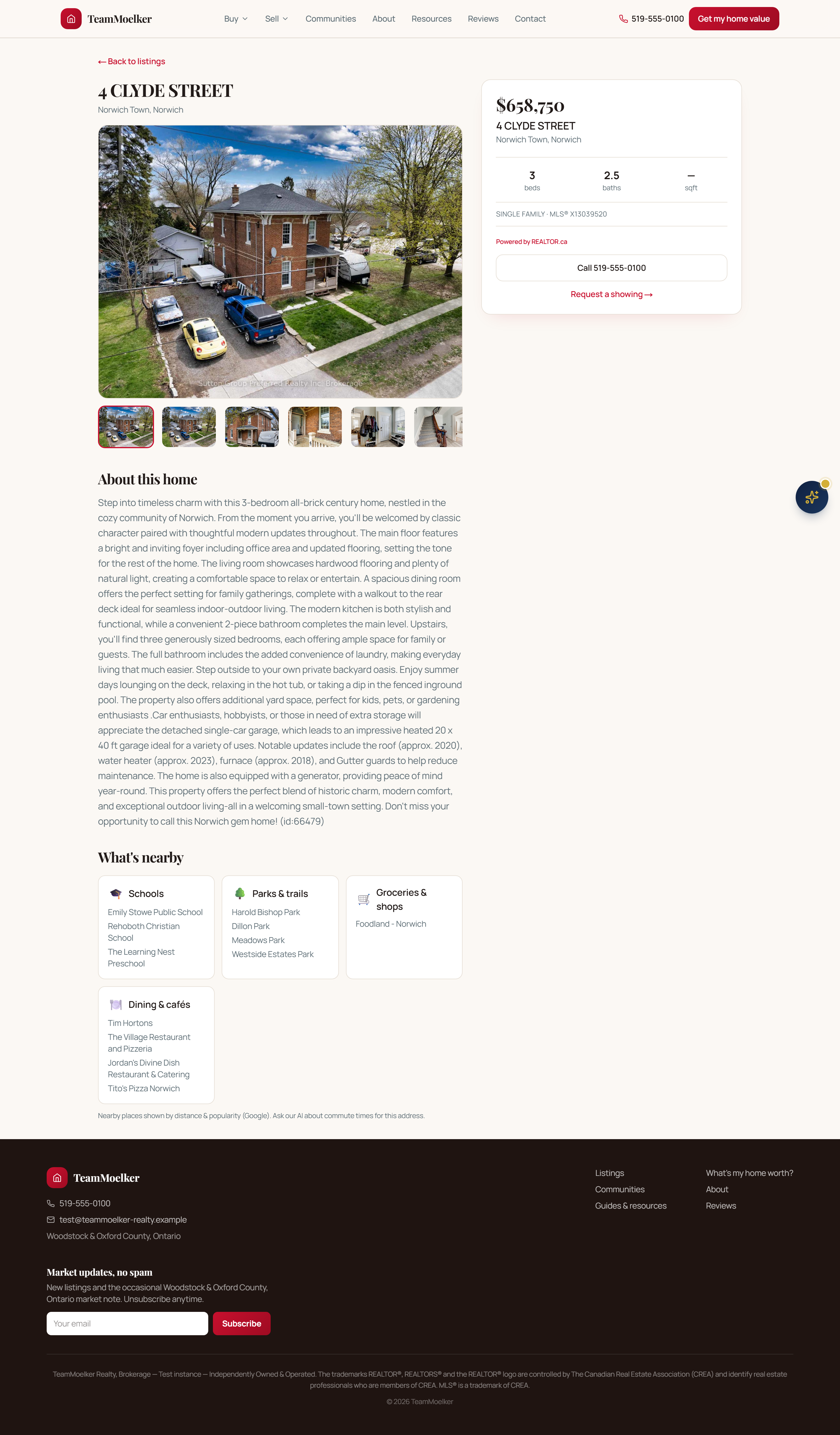 Public listing detail — full description, gallery, and What's nearby
